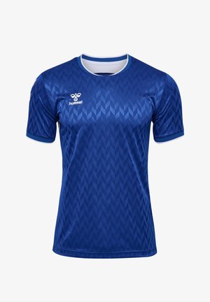 Blaues kurzärmeliges Trikot mit strukturiertem Chevron-Muster, weißem Kragen und Logo auf der linken Brustseite, gefertigt aus einem glatten, atmungsaktiven Material.