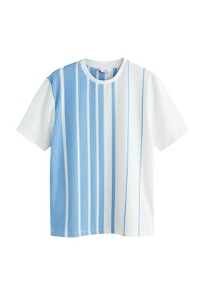 Short-sleeve ribbed T-shirt with vertical stripes in blue and white, featuring a round neckline and a relaxed fit.