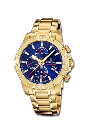 Goldene Armbanduhr mit blauem Zifferblatt, drei Hilfszifferblättern, Datumsanzeige und Stoppuhrfunktion, ausgestattet mit einem Gliederarmband aus Metall.