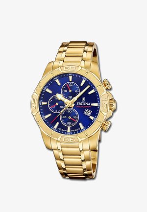 Orologio da polso in oro con quadrante blu, tre quadranti secondari, finestra per la data e funzione cronometro, dotato di cinturino in metallo a maglie.