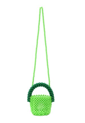 Borsa a tracolla con perline verdi e manico circolare, caratterizzata da diverse tonalità di perline verdi in un motivo intrecciato e una lunga tracolla per indossarla a spalla.