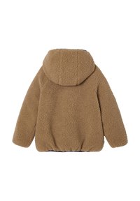 Braune Fleecejacke mit einer strukturierten, flauschigen Oberfläche, Kapuze und elastischem Saum. Hat eine einfache, runde Form mit langen Ärmeln.