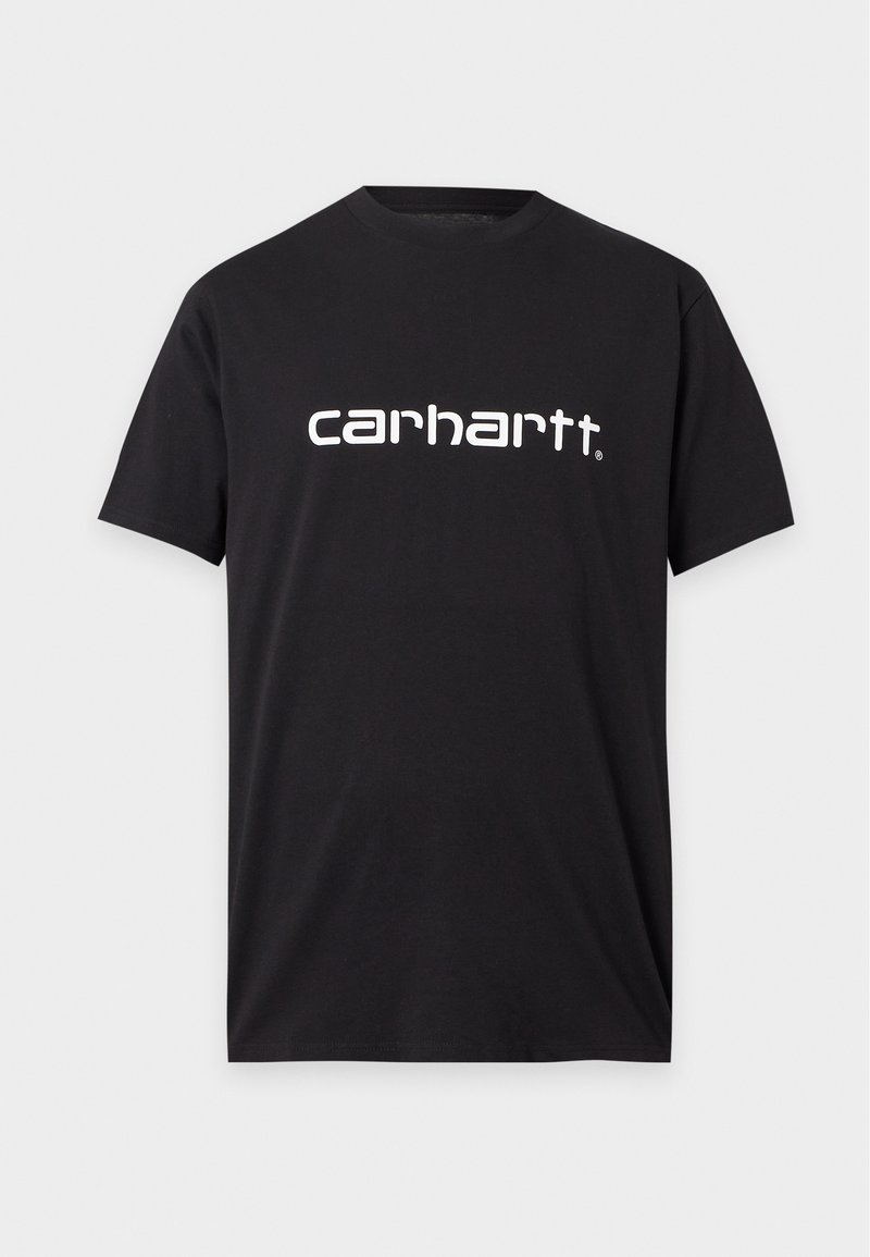 Schwarzes T-Shirt mit kurzen Ärmeln und weißem "carhartt" Logo mittig auf der Vorderseite, dargestellt vor einem einfarbigen hellgrauen Hintergrund.