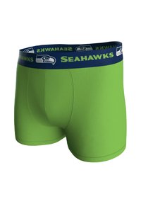 Zielone bokserki z granatową gumką w pasie, na której znajduje się napis "SEAHAWKS" w żółtym kolorze oraz logo. Gładka tkanina, dopasowany krój, krótkie nogawki.