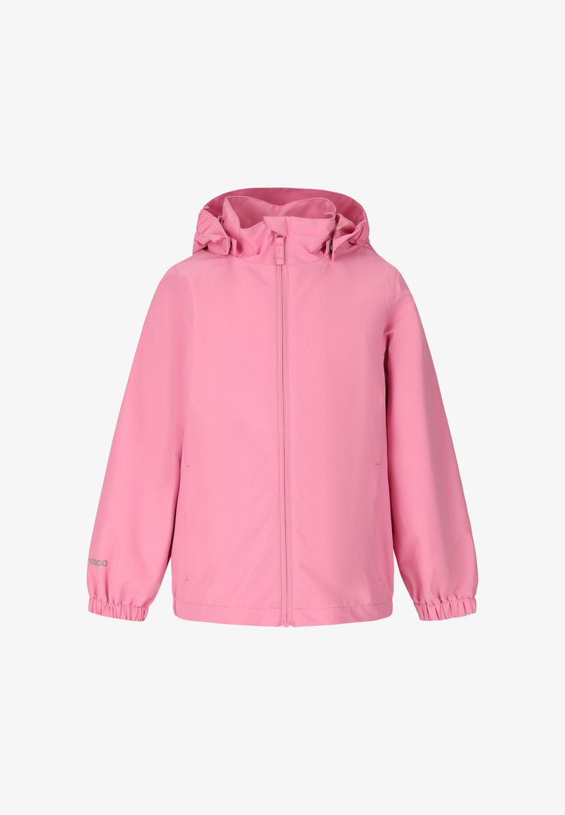 Veste imperméable rose clair pour fille, avec capuche, poignets élastiques et fermeture éclair à l'avant.