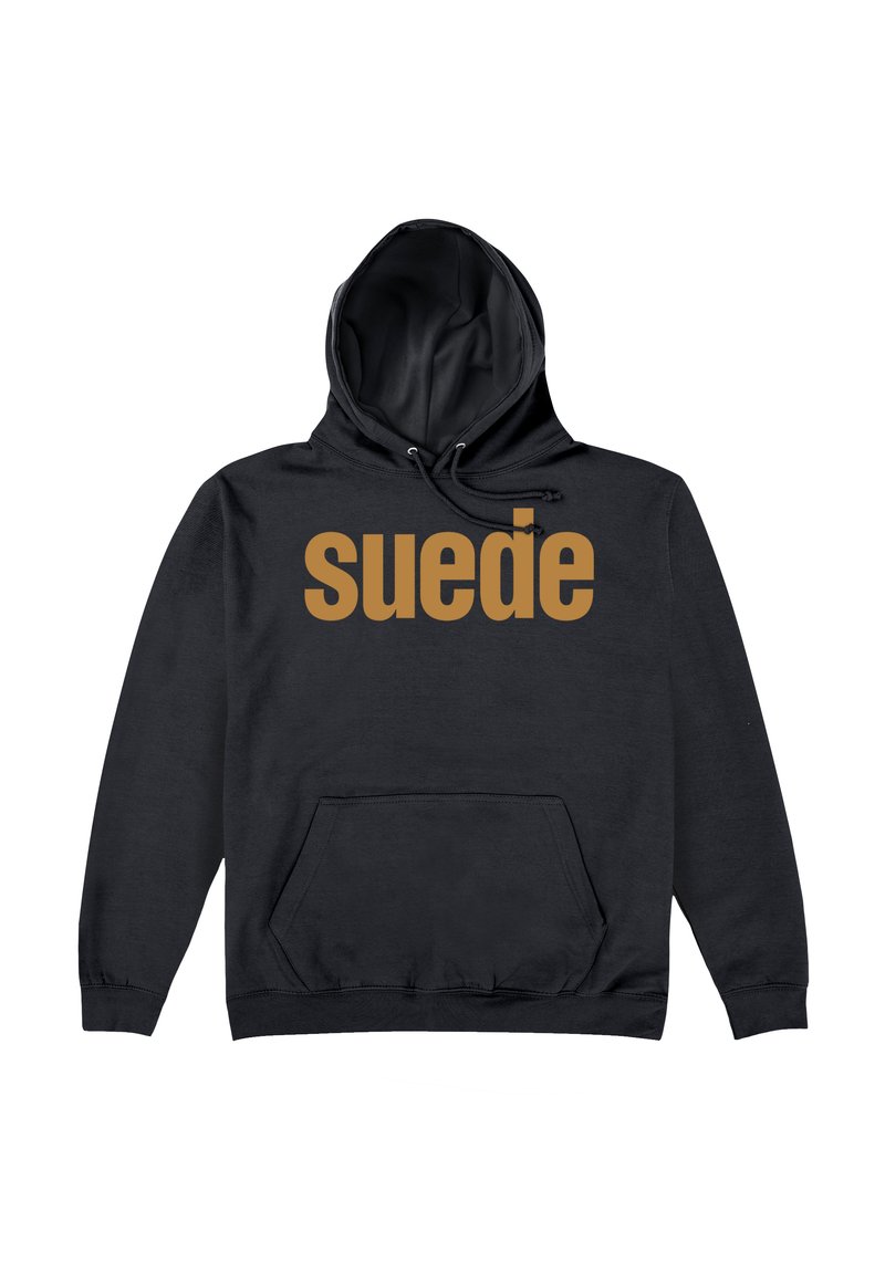 Svart hoodie i mjukt material med en stor brun "mocka" grafik på framsidan. Den har en känguruficka och en justerbar dragsko.