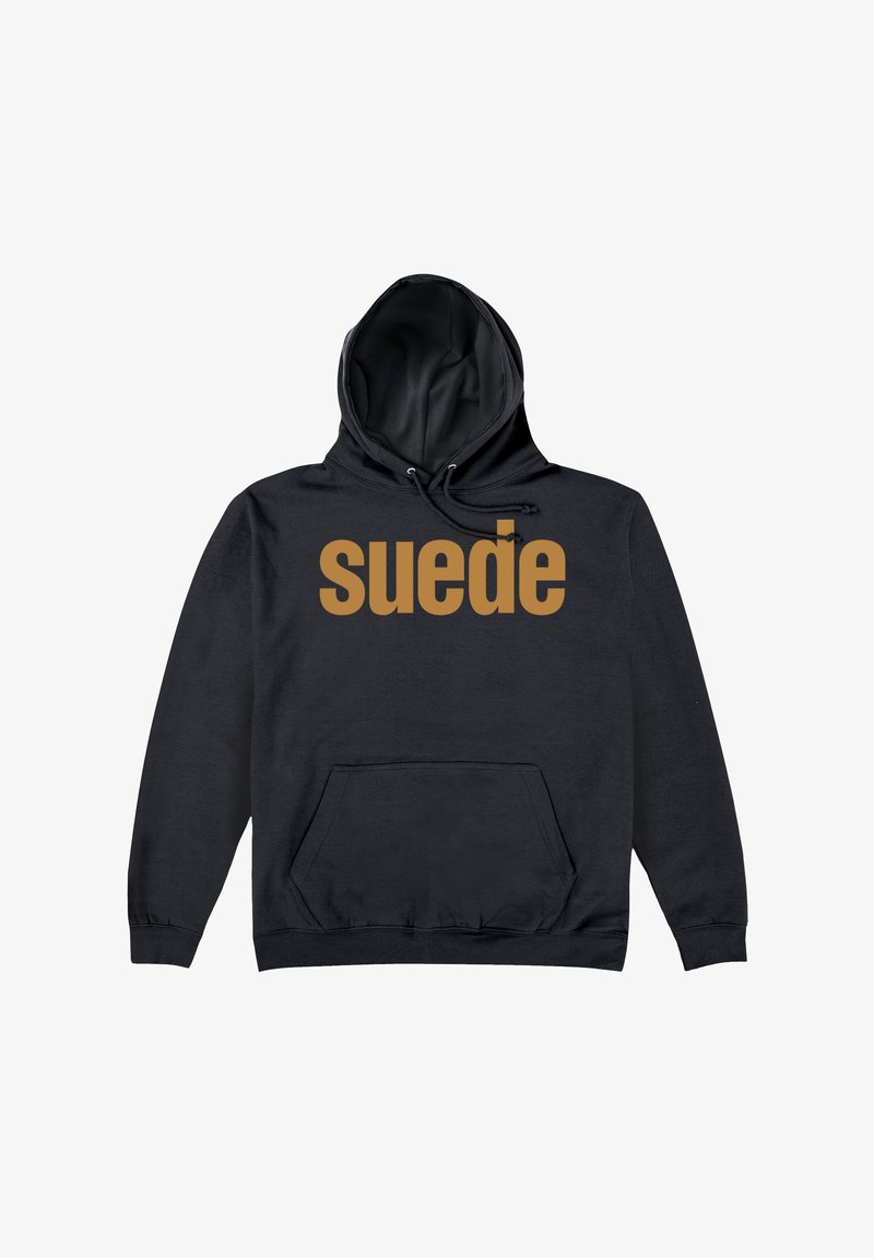 Svart hoodie i mjukt material med en stor brun "mocka" grafik på framsidan. Den har en känguruficka och en justerbar dragsko.