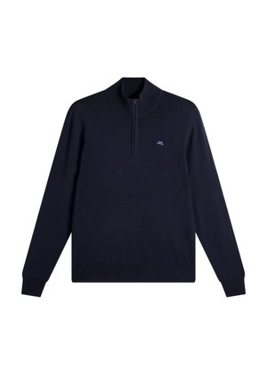 Sötét tengeri kék hosszú ujjú pulóver rövid cipzáros gallérral és egy apró világoskék logóval a bal mellrészen.