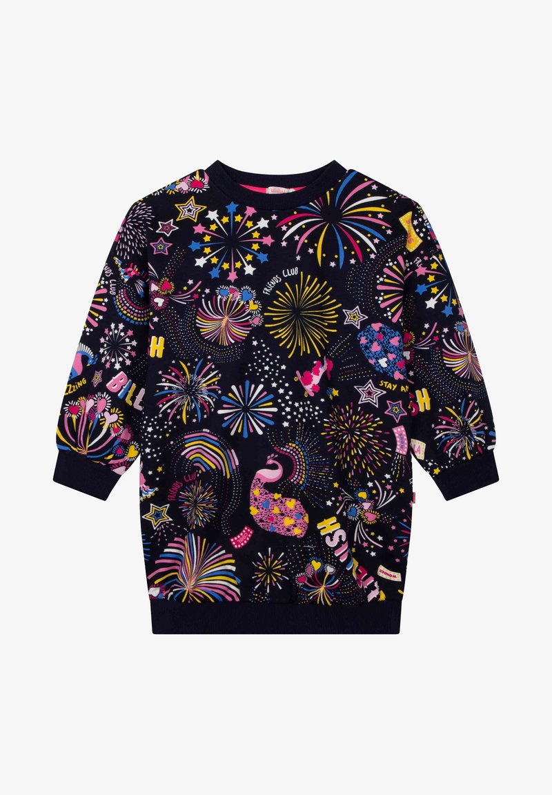 Sweat-shirt bleu marine avec des feux d'artifice colorés, des étoiles, des cœurs, des arcs-en-ciel, un flamant rose et des mots comme "Friends Club" et "Wish" partout.