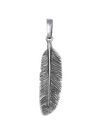 Silverfjäderhänge med detaljerad bladt-textur, polerad yta och ögla för fäste. Märkt "925" för sterlingsilverkvalitet.