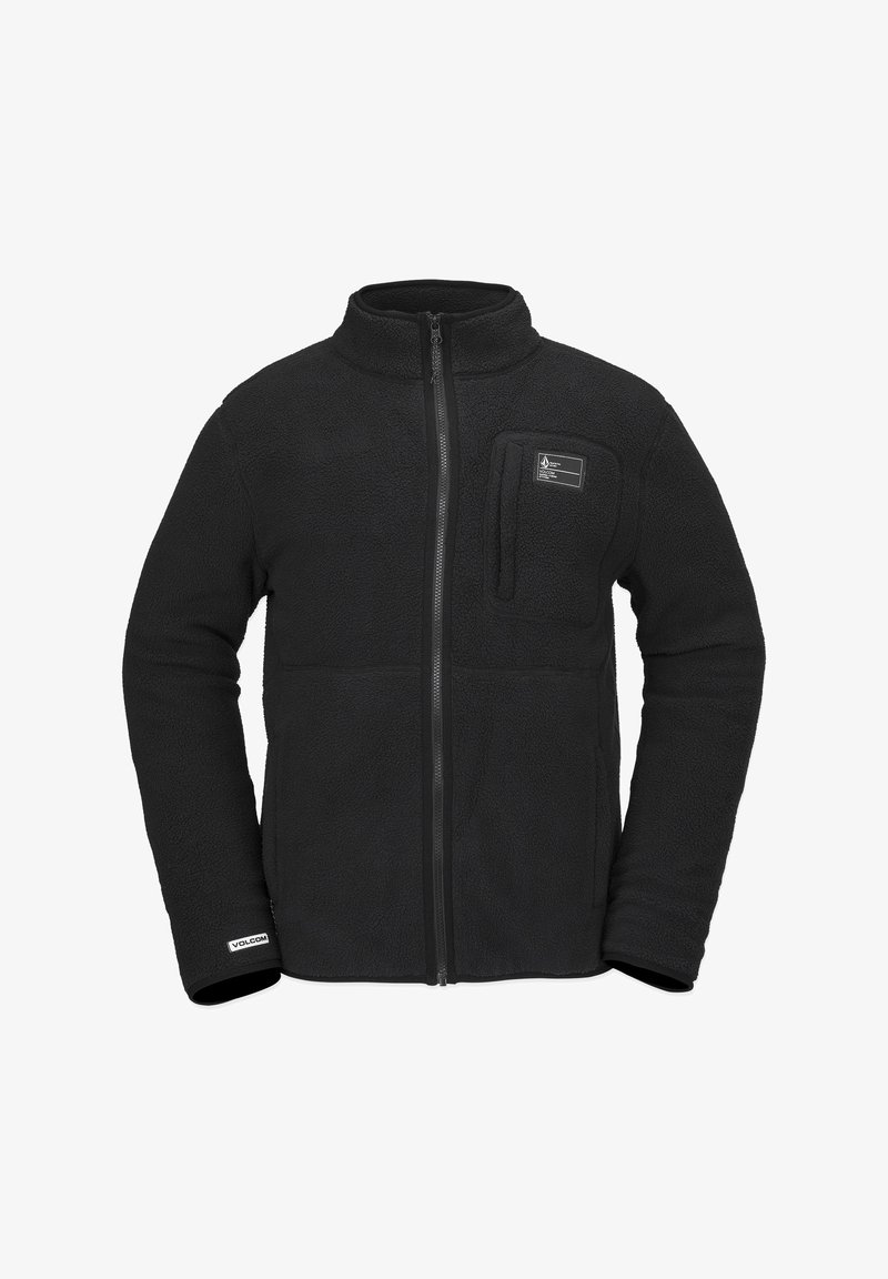 Czarna polarowa kurtka z zamkiem z przodu, wysokim kołnierzem i kieszenią na piersi. Posiada miękką fakturę oraz metkę z logo blisko dołu.