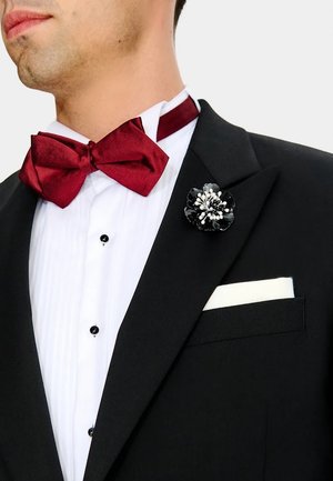 Mężczyzna w czarnym smokingu z białą koszulą, czerwoną muszką, czarną przypinką kwiatową na klapie oraz białą poszetką, zwrócony lekko w lewo.