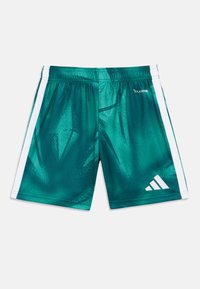 Zaļas sporta šorti ar teksturētu dizainu, elastīgu vidukļa joslu un baltām sānu svītrām. Apakšējā kreisajā pusē redzams zīmola logotips.