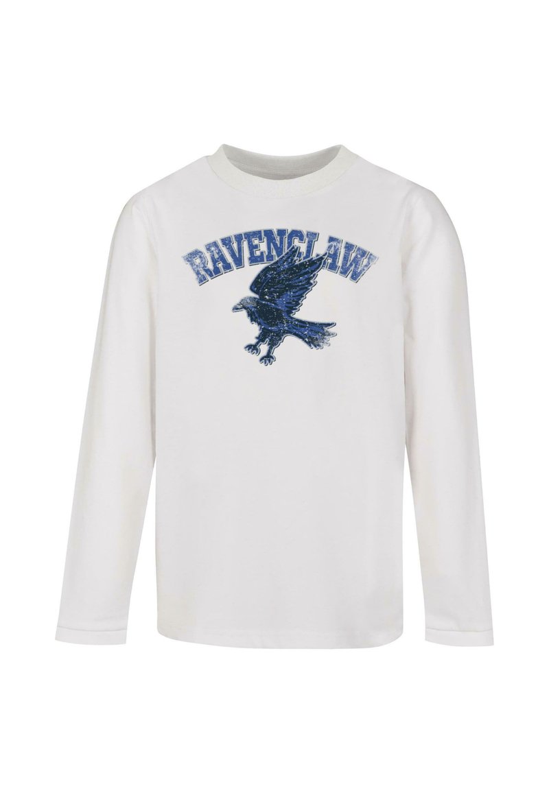 Langärmliges weißes Hemd mit einem blauen Raben-Design und dem Text "Ravenclaw" in Blau, mit Rundhalsausschnitt und weichem Baumwollmaterial.