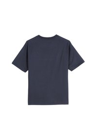 Marineblauwe katoenen T-shirt met korte mouwen, ronde hals en een effen achterkant. Glad van textuur zonder zichtbare graphics of accenten.