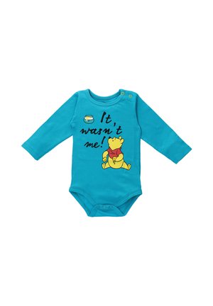 Turquoise long-sleeve bodysuit, features a yellow Winnie the Pooh print with "It, wasn't me!" text. Snap closures at the shoulder and bottom.