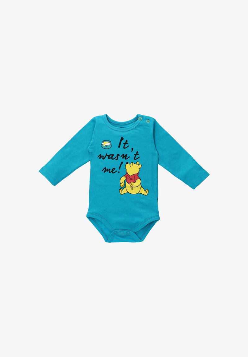 Turquoise long-sleeve bodysuit, features a yellow Winnie the Pooh print with "It, wasn't me!" text. Snap closures at the shoulder and bottom.