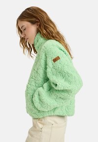 Mint green fleece pullover with high collar, textured surface, and a rectangular brown logo patch on the left sleeve.