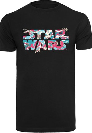 Czarna koszulka z kolorowym logo "Gwiezdne Wojny" z wirującym wzorem i kosmicznymi detalami, wykonana z bawełny.