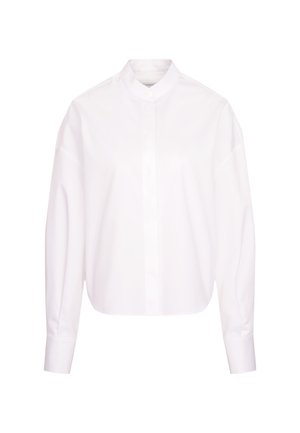 Witte, lange mouwen overhemd met een hoge kraag, gemaakt van gladde stof. Voorzien van een knoopsluiting aan de voorkant en een iets cropped ontwerp.