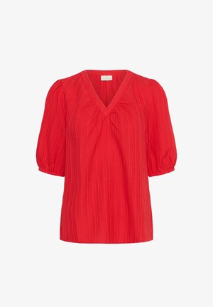 Bluză plisată roșie cu decolteu în V, mâneci scurte puff și o croială relaxată. Prezintă un material texturat pentru o dimensiune suplimentară.
