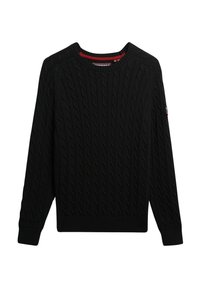 Czarny sweter w splot kablowy z okrągłym dekoltem. Ma ściągacze przy mankietach i dolnym brzegu, wykonany z teksturowanej dzianiny. Ozdobiony metką z logotypem.