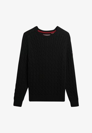 Zwarte kabelgebreide trui met een ronde halslijn. Beschikt over geribbelde manchetten en zoom, gemaakt van een gestructureerde brei-stof. Accentueert met een logo-label.