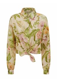 Chemise courte à imprimé floral en tissu léger, présentant des fleurs vertes, roses et orange sur un fond beige clair, avec un détail noué à l'avant.