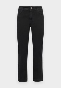 Black denim jeans with a straight leg design, featuring a front zipper, button closure, and four pockets. Smooth texture and no visible patterns.
