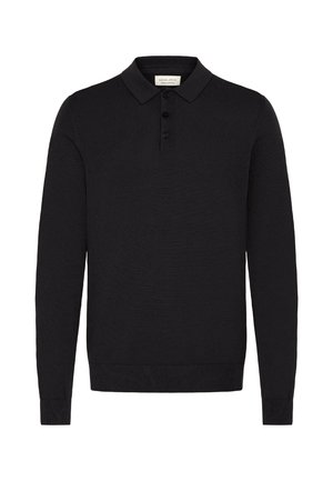 Polo noir à manches longues en tissu tricoté, avec un col, une patte de boutonnage à trois boutons, et des poignets et un ourlet côtelés.