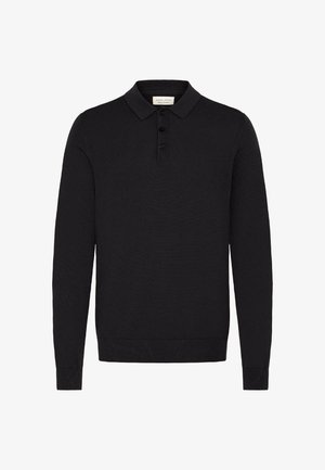 Zwarte langemouw polo-shirt van gebreid materiaal met een kraag, drieknoopsluiting en geribde manchetten en zoom.