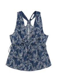 Námorně modrý top bez rukávů s bílými květinovými vzory, nastavitelný stažený pas a křížové ramínka na zádech. Lehká látka.