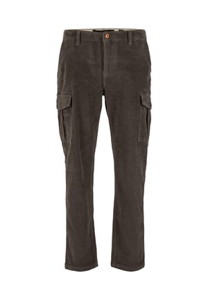 Pantaloni cargo in cotone corduroy scuro con due tasche laterali, chiusura con bottone e design a gamba dritta con texture e righe visibili.