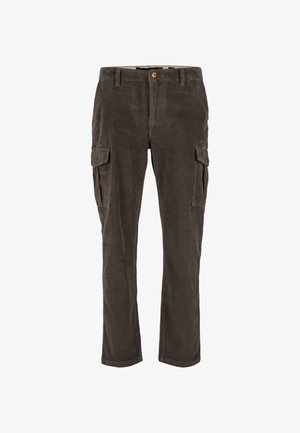 Dark corduroy cargo pants featuring two side pockets, a button closure, and a straight-leg design with visible texture and ridges.