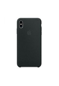 Schwarze Silikon-Smartphonehülle mit glatter Textur, entworfen für ein iPhone, mit Aussparungen für Kamera und Tasten sowie minimalistischem Branding.