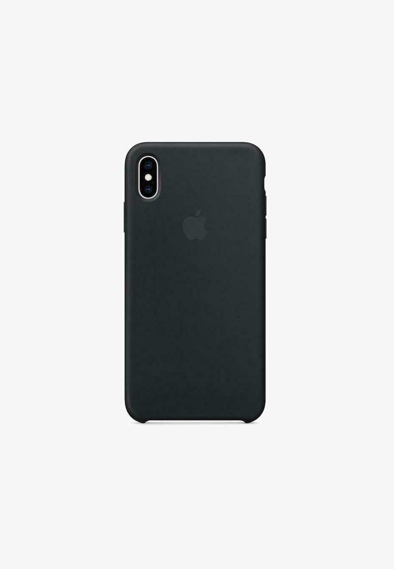 Black silicone smartphone case with a smooth texture, designed for an iPhone, featuring cutouts for camera and buttons, minimalistic branding.