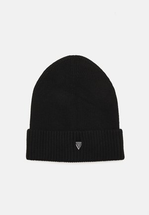 Black knitted beanie with a ribbed texture, featuring a small triangular logo tag on the front. Simple, fold-over design.