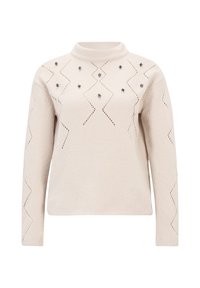 Gräddvit tröja med hög hals, prydd med zigzag-utskärningar och dekorativa pärlor på framsidan. Stickad textur med långa ärmar.