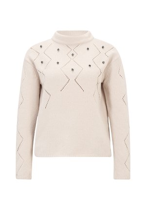 Maglione crema con colletto alto, caratterizzato da ritagli a zigzag e perline decorative nella parte anteriore. Texture lavorata a maglia con maniche lunghe.