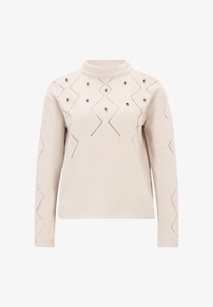 Cremefarvet sweater med en falsk hals, der har zigzag-udskæringer og dekorative perler foran. Strikket tekstur med lange ærmer.