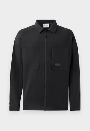 Black lightweight jacket with a zip front, two large chest pockets, a collar, and subtle branding on a rectangular patch. Smooth texture.