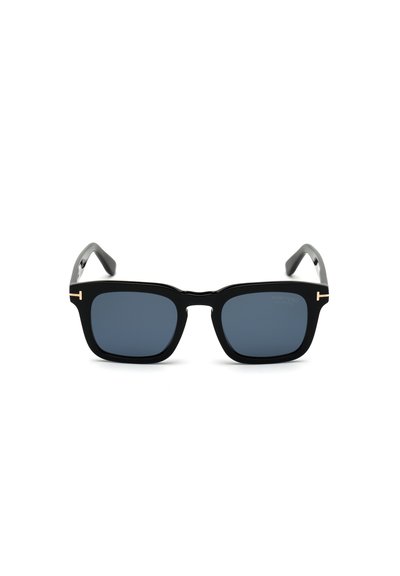 Black square sunglasses with dark lenses, featuring a gold accent on the temple. Smooth plastic frame and sturdy temples.