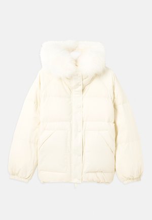 Cremfarbener Puffer-Jacke mit flauschiger, gefütterter Kapuze, vorderen Druckknöpfen, elastischen Bündchen und zwei großen Fronttaschen.