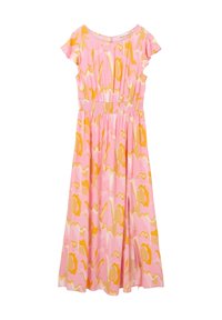 Maxi abito in tessuto rosa con motivi astratti gialli e arancioni, dotato di maniche corte e vita arricciata per una vestibilità rilassata.