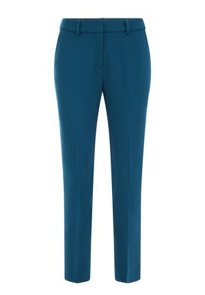 Teal byxor med flat framsida, slim fit och bältesölja. Tyget verkar slätt med en lätt lyster och har inga synliga mönster eller detaljer.
