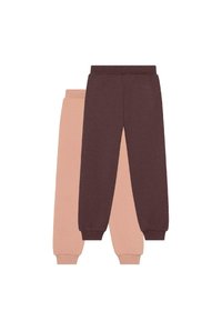 To par med ribbede joggebukser, én i mørkebrun lagd over én i dempet persikofarge, begge med elastisk liv.