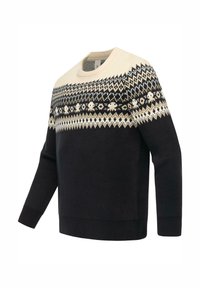 Gebreide trui met een ronde hals, crème- en zwart geometrisch patroon, en een contrasterend donker lijf. Zachte textuur met geribbelde manchetten.