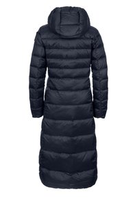 Cappotto imbottito blu navy di lunghezza lunga, con cappuccio e design trapuntato caratterizzato da righe orizzontali. Texture liscia senza hardware visibile.
