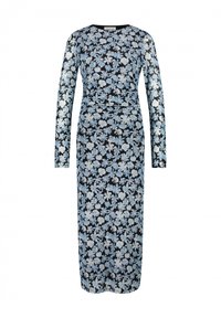 Bloemige jurk met lange mouwen, voorzien van een zwarte basis met lichtblauwe en witte bloempatronen, slim fit ontwerp en een knielange zoom.