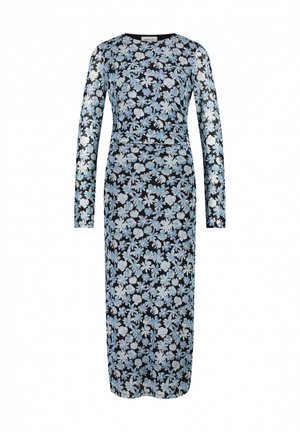 Floral long-sleeve dress featuring a black base with light blue and white flower patterns, slim fit design, and knee-length hem.